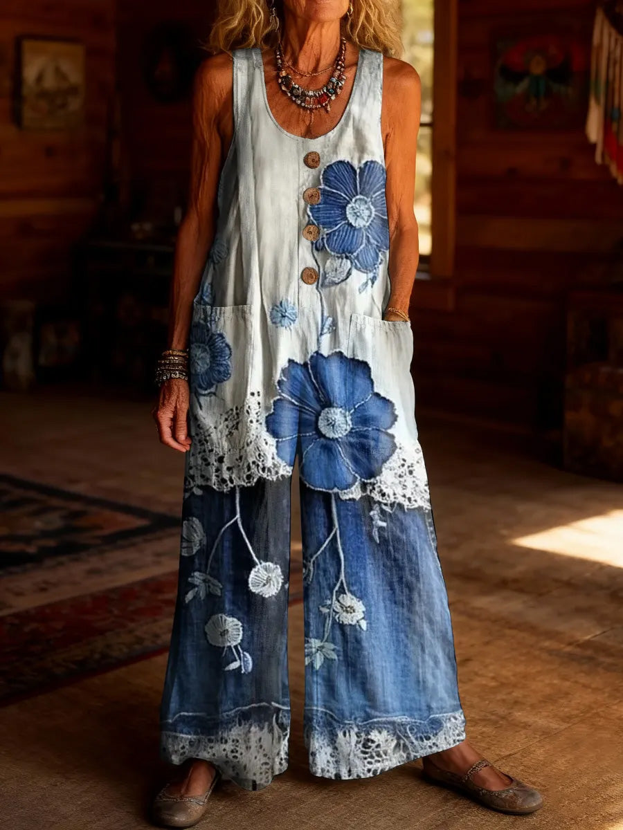 Women's Floral Art Print Washed Cotton Denim Patchwork Pocket Jumpsuit